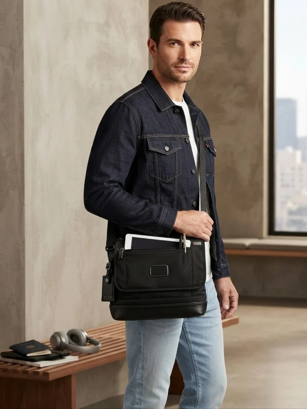 Tumi Glenview Expandable Crossbody Black and Dark Brown Messenger Bag
